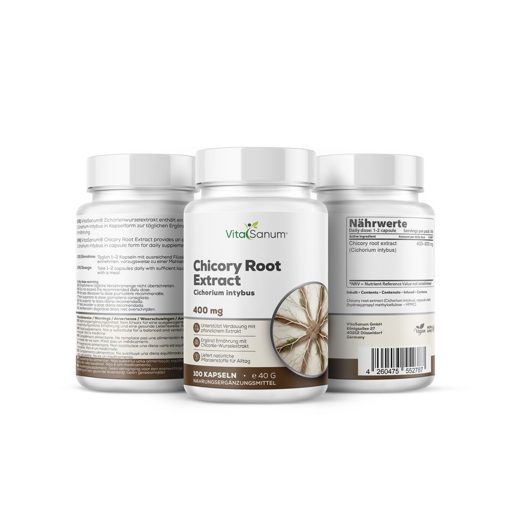 Tre flaconi bianchi VitaSanum® Estratto di radice di cicoria. Scritta: 400 mg, 100 capsule, integratore alimentare. Illustrazione del prodotto.