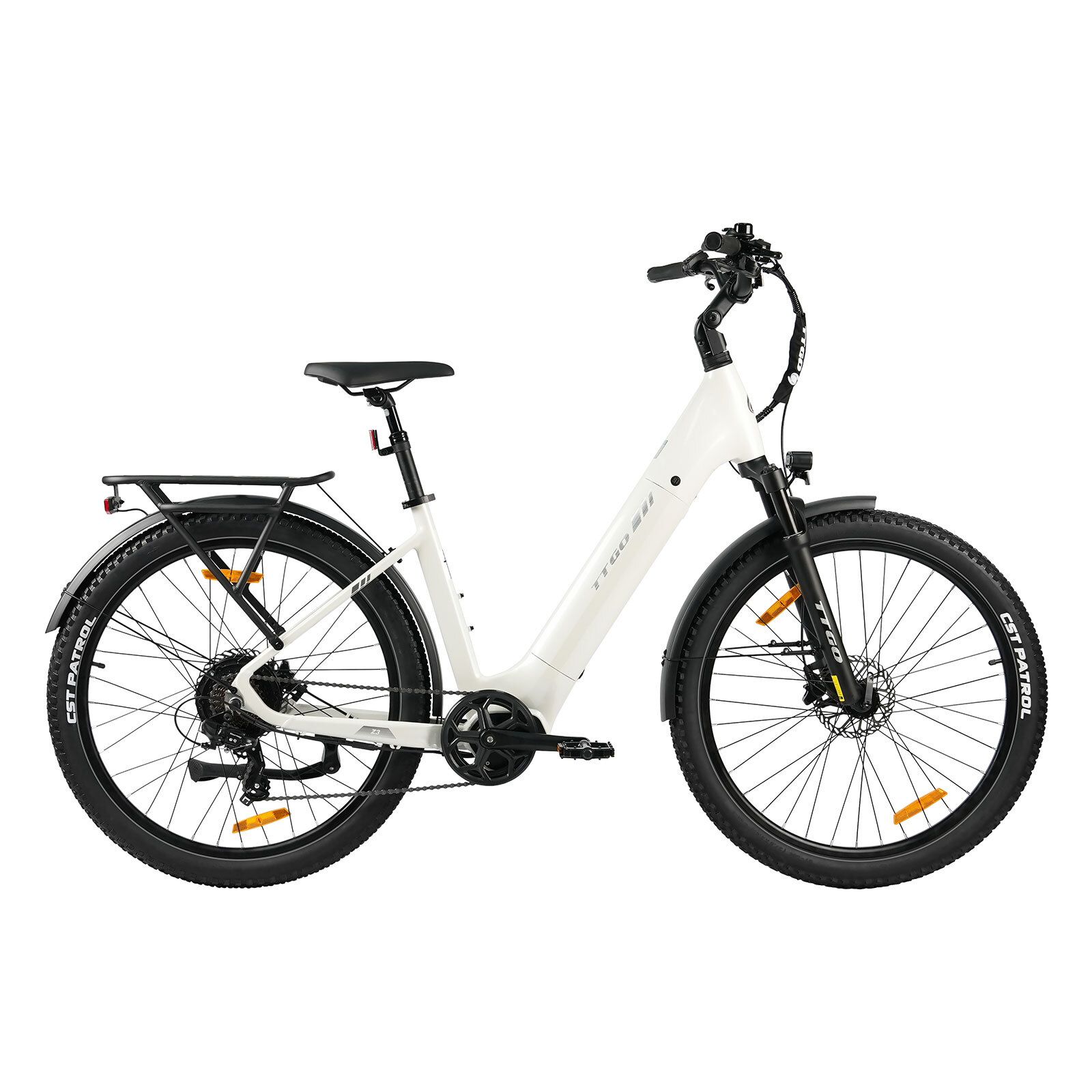 Bicicletta elettrica bianca con pneumatici neri. Portapacchi, parafanghi e freni a disco idraulici. Dettagli neri.