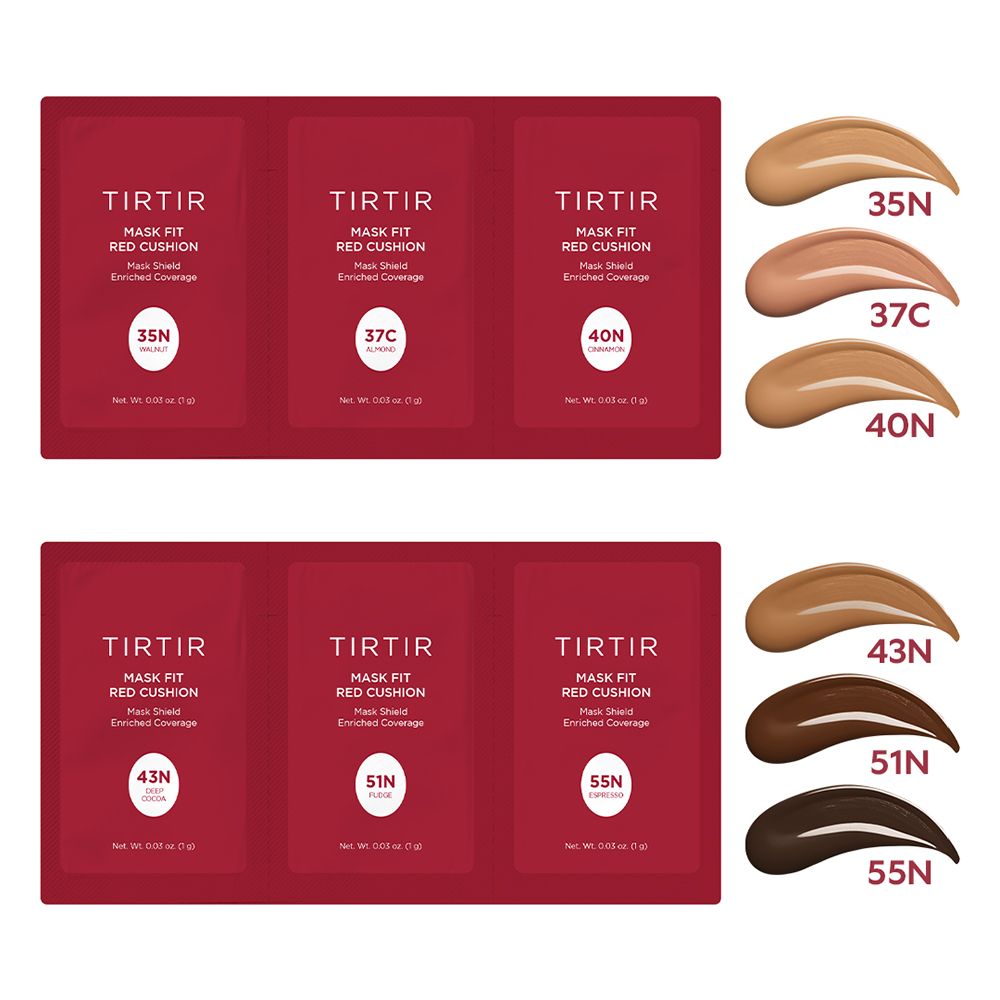Campioni TIRTIR Mask Fit Red Cushion con tonalità. Tonalità: 35N, 37C, 40N, 43N, 51N, 55N. Enriched Coverage.