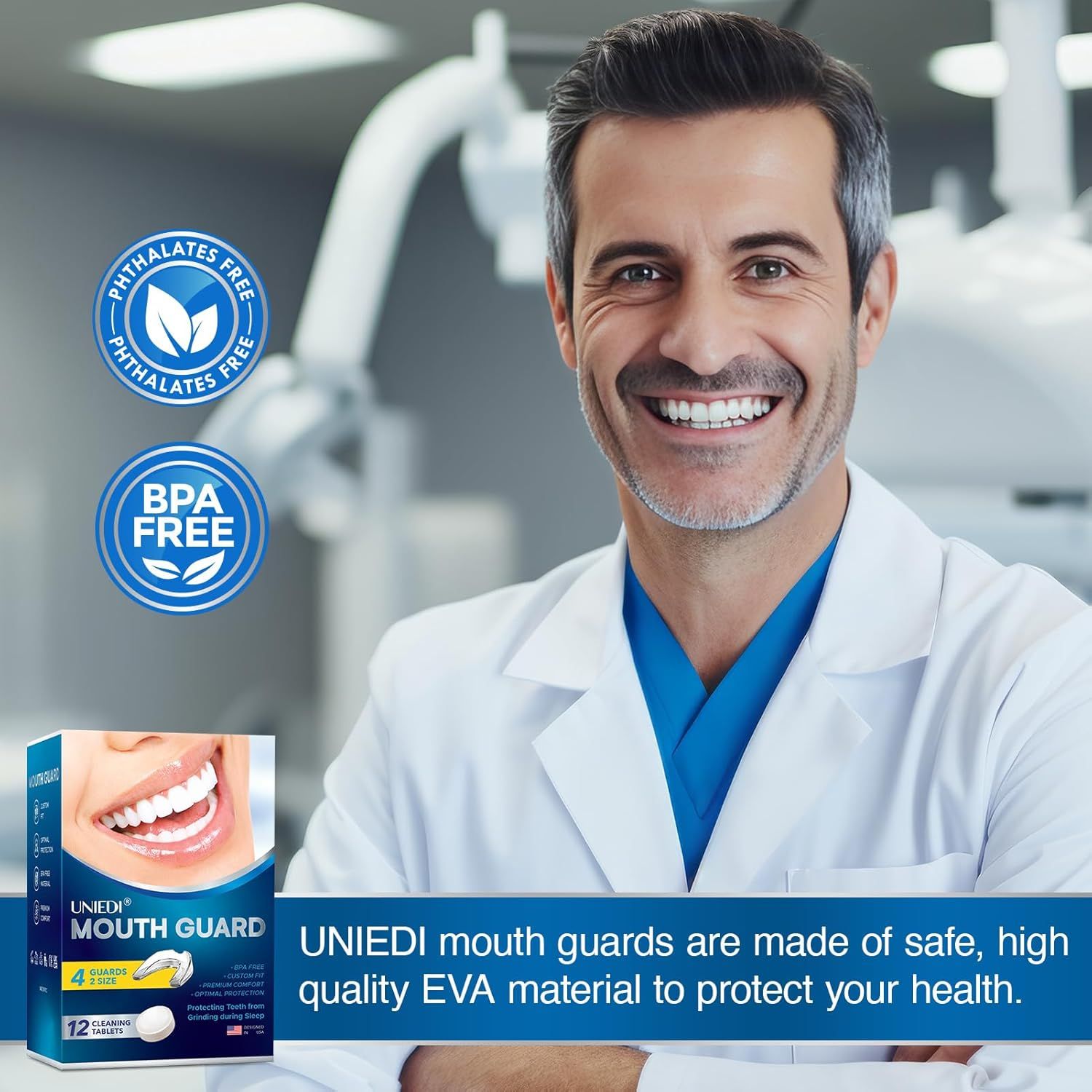 Medico sorridente. Confezione UNIEDI Mouth Guard. Senza BPA e ftalati. Testo: paradenti UNIEDI in materiale EVA sicuro e di alta qualità.