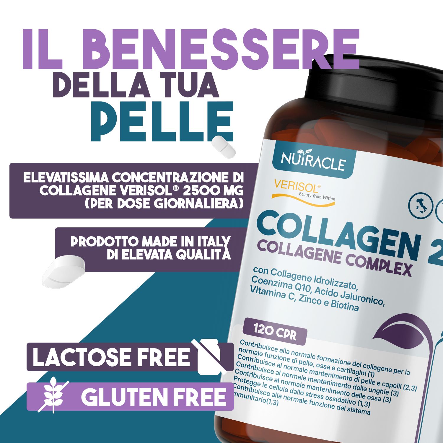 Barattolo Nutracle Collagene 2.5, "Made in Italy". Senza lattosio e senza glutine. Alta concentrazione di collagene Verisol.