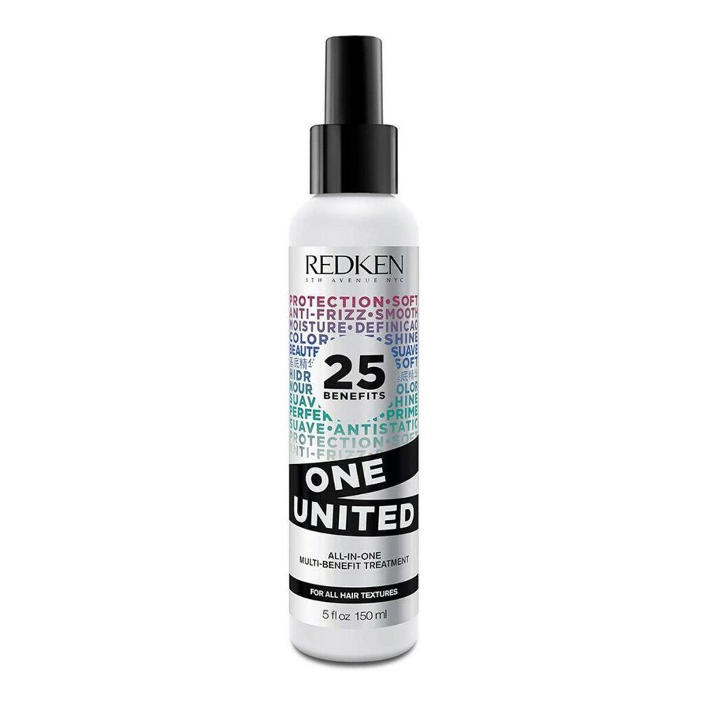 Redken One United trattamento multi-benefici. Flacone bianco con erogatore nero. Testo: 25 Benefits, One United, All-in-One Multi-Benefit Treatment.