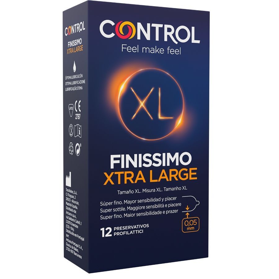 Confezione di preservativi Control Finissimo Xtra Large, 12 pezzi, taglia XL, spessore 0,05 mm.