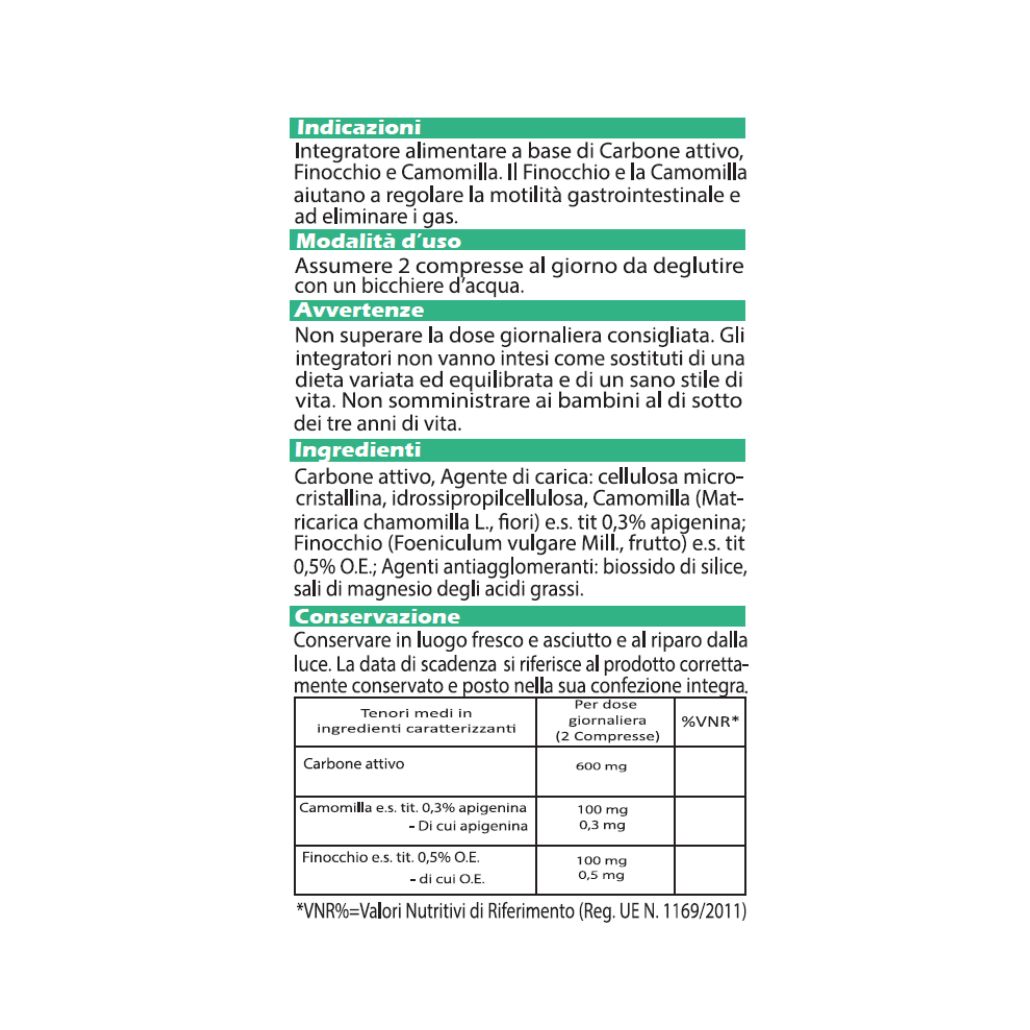Testo su sfondo bianco. Informazioni su ingredienti, uso e valori nutrizionali del prodotto SEREDIGEST.