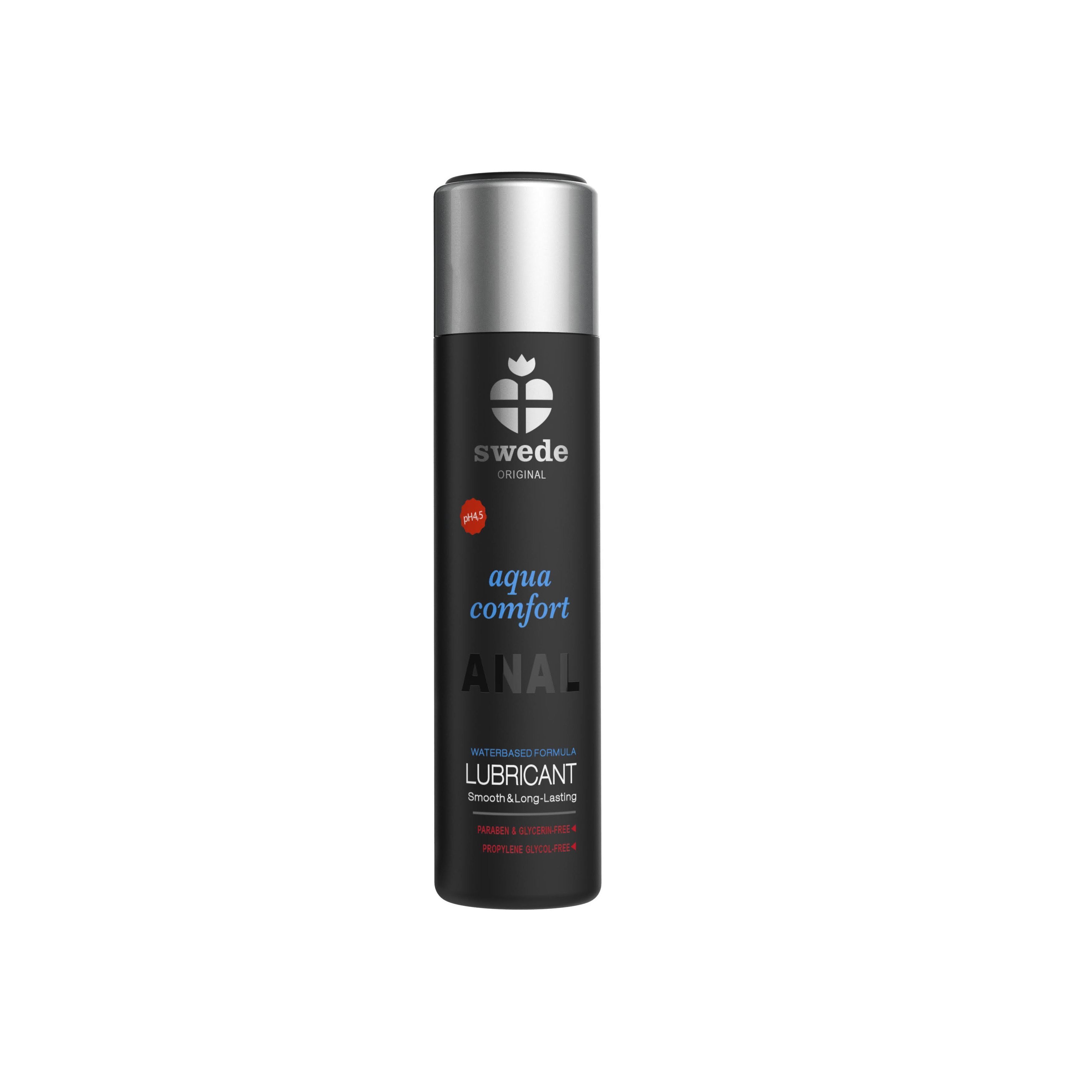 Flacone cilindrico nero con tappo argentato. Scritta bianca: "aqua comfort ANAL LUBRICANT". Marchio Swede.