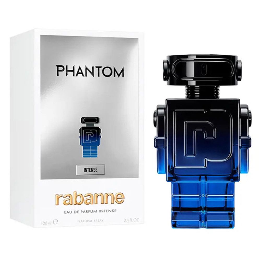 Flacone blu-nero a forma di robot e confezione. Scritta: Phantom Intense, Rabanne Eau de Parfum Intense.