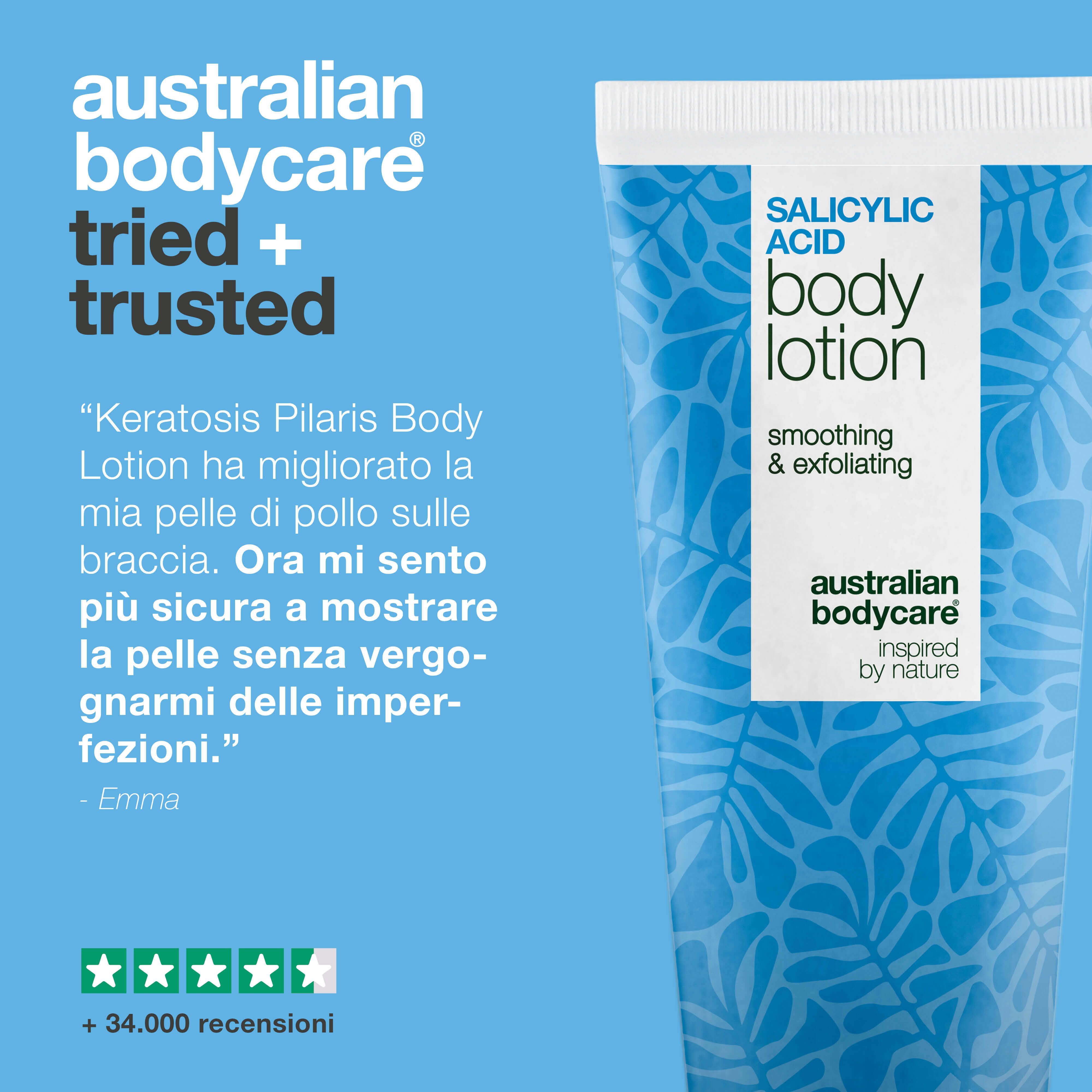 Tubo "Salicylic Acid Body Lotion". Testo: testimonianza, 5 stelle, +34.000 recensioni.