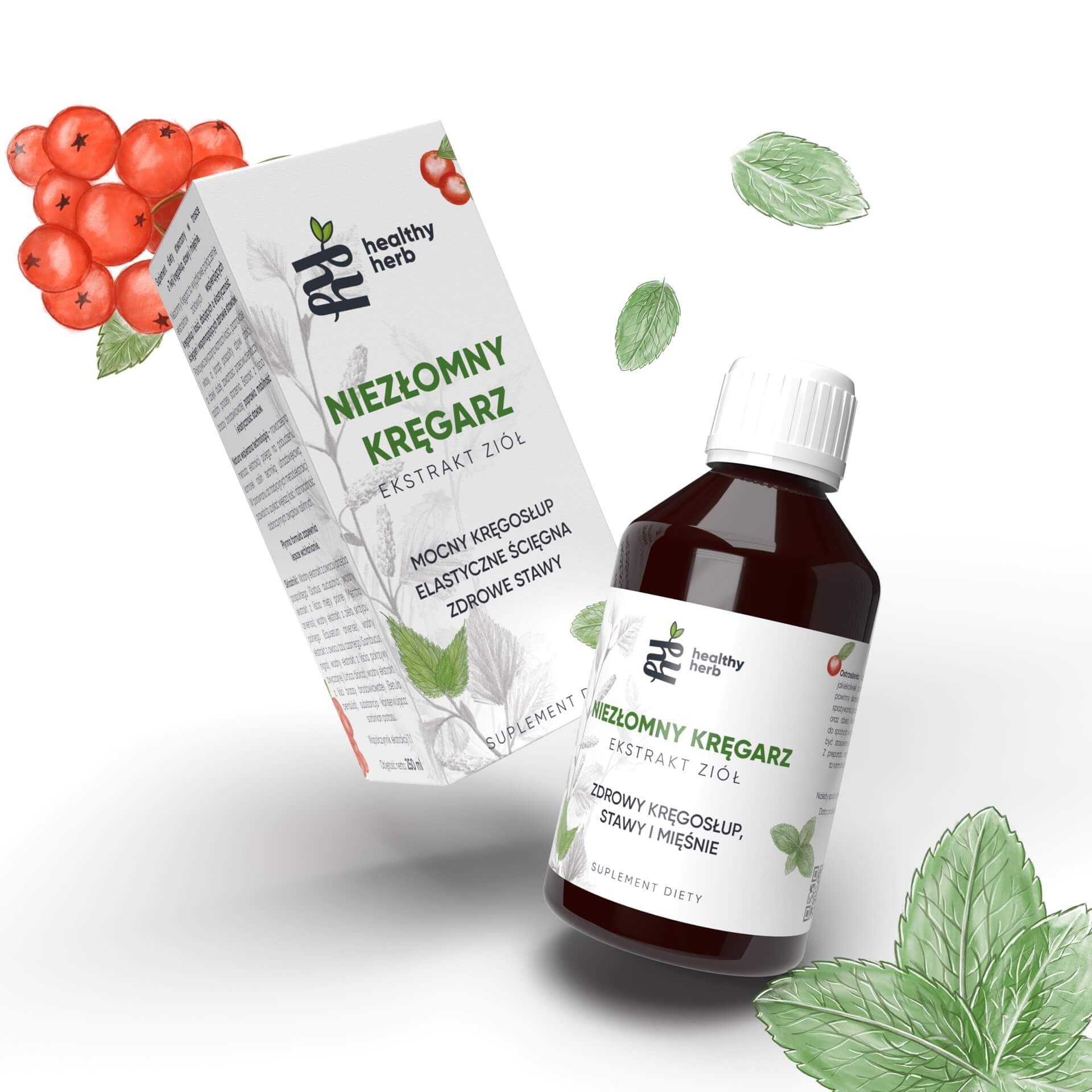 Liquido marrone in bottiglia con tappo bianco ed etichetta. Accanto, scatola con scritta 'Healthy Herb'.