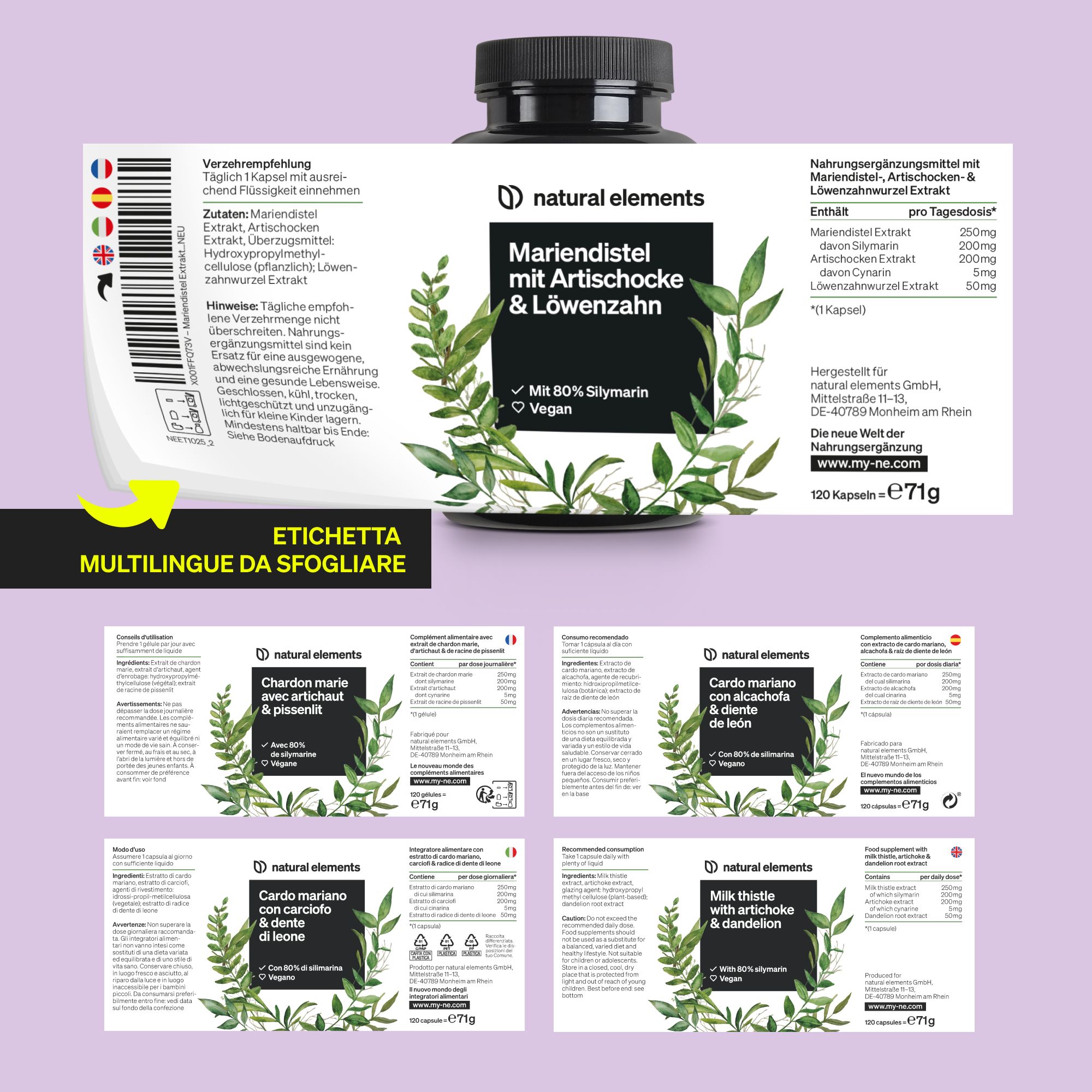 Flacone di integratori alimentari bio, Cardo mariano & Tarassaco, 100 capsule.