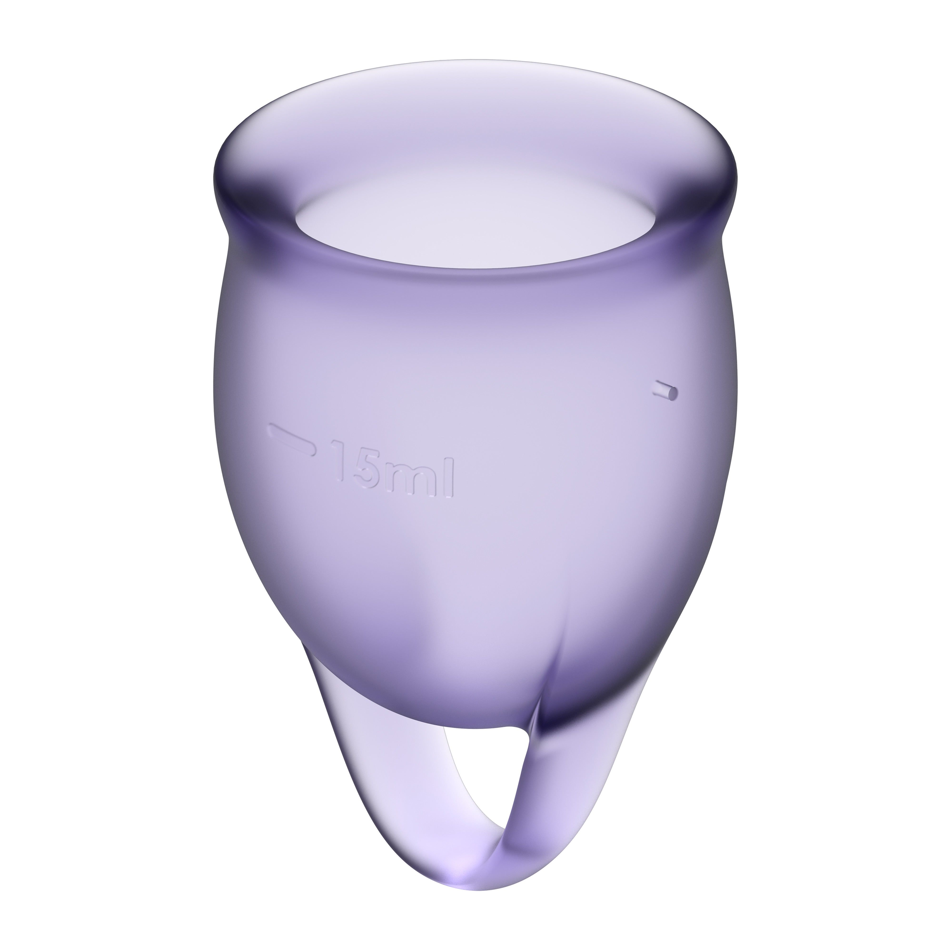 Coppetta mestruale viola con indicazione 15ml. Con anello nella parte inferiore.