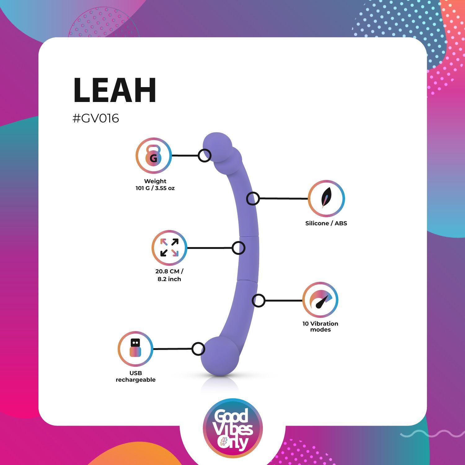 Infografica »Leah«. Prodotto viola, dimensioni, peso, materiale, modalità vibrazione, ricarica USB. Logo »Good Vibes Only«.