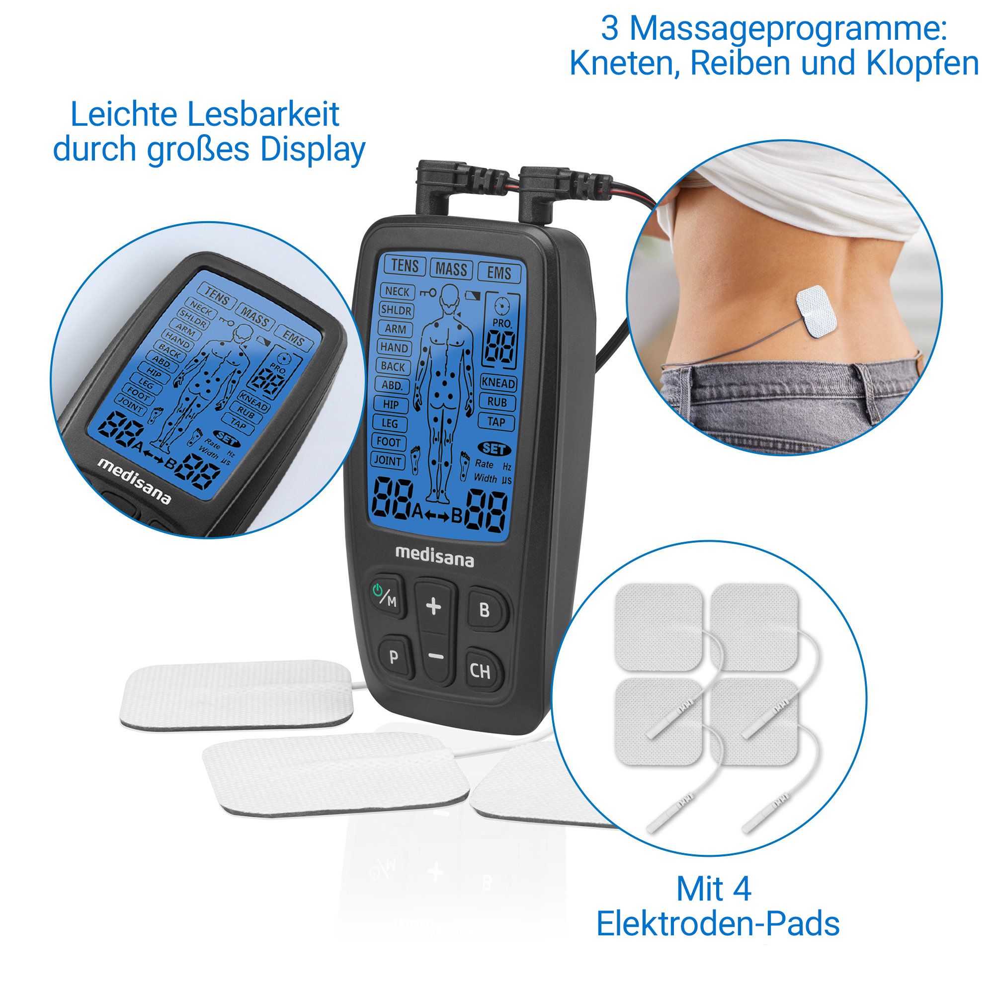 Dispositivo TENS/EMS Medisana TT 205 con 4 elettrodi. Il display mostra zone del corpo.