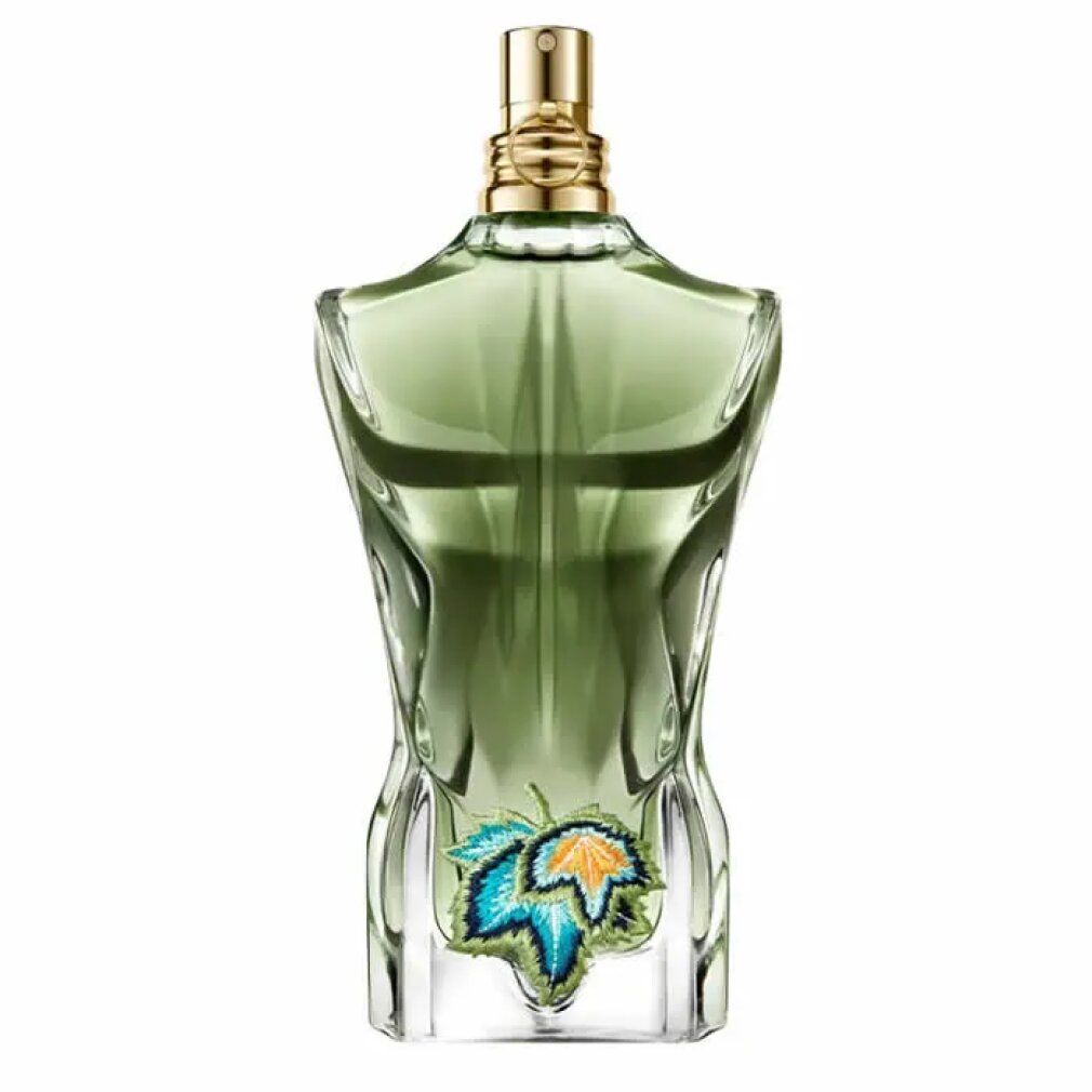 Flacone Jean Paul Gaultier Le Beau Paradise Garden Eau De Parfum a forma di torso con decorazione a foglia.