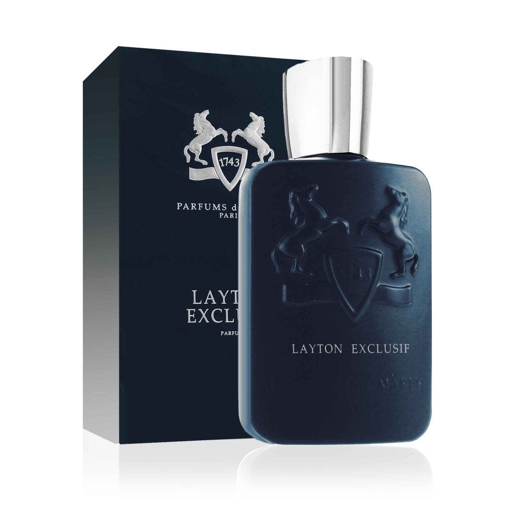 Flacone blu scuro con tappo argentato e goffratura. Confezione nera con logo. Testo: LAYTON EXCLUSIF, PARFUMS de MARLY.