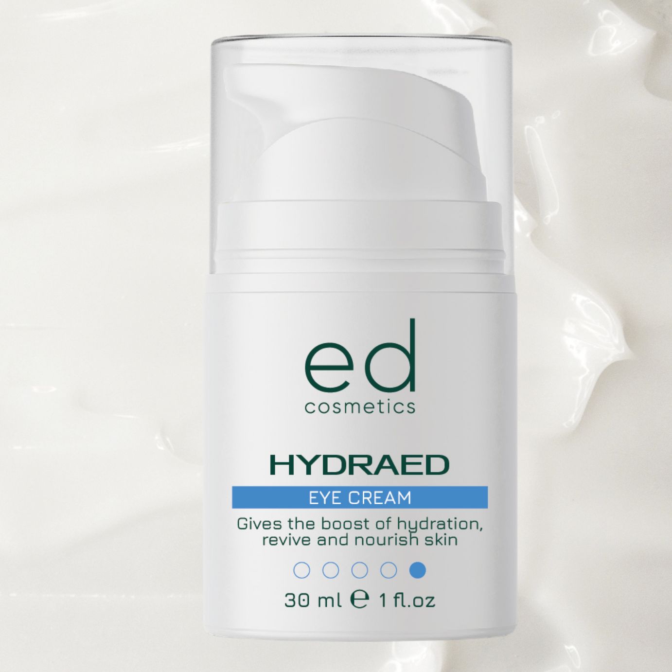 Flacone bianco di crema per occhi con dosatore a pompa. Scritta: "ed cosmetics HYDRAED EYE CREAM". 30 ml.