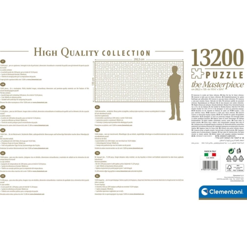Retro del puzzle. Testo multilingue. Illustrazione delle dimensioni del puzzle finito con una persona.
