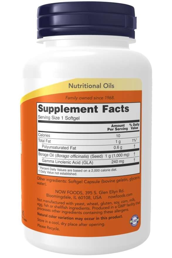 Retro del flacone. Mostra le informazioni nutrizionali dell'olio di borragine. Contiene 10 mg di calorie per softgel.