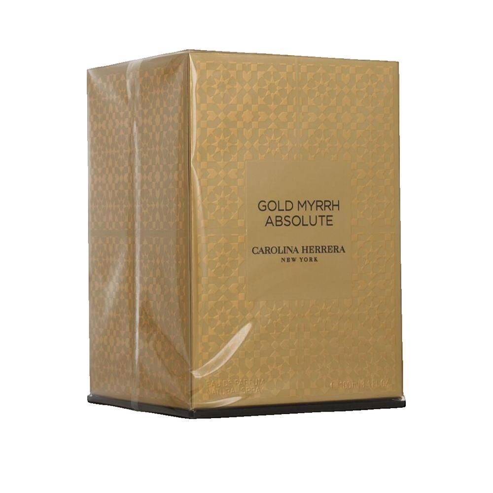 Scatola dorata con nome del prodotto e del marchio, avvolta in pellicola trasparente.