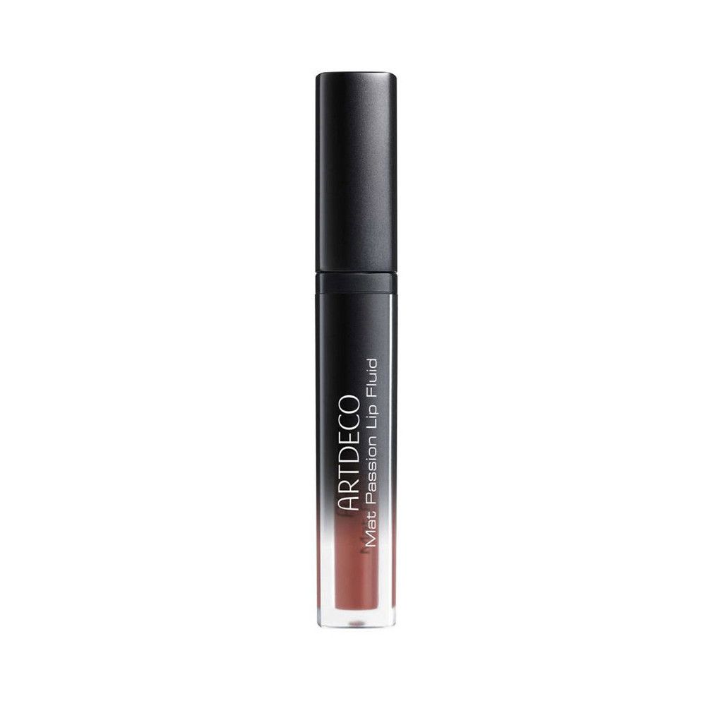Artdeco Mat Passion Lip Fluid. Tappo nero, tubo trasparente con contenuto marrone. Scritta del prodotto.