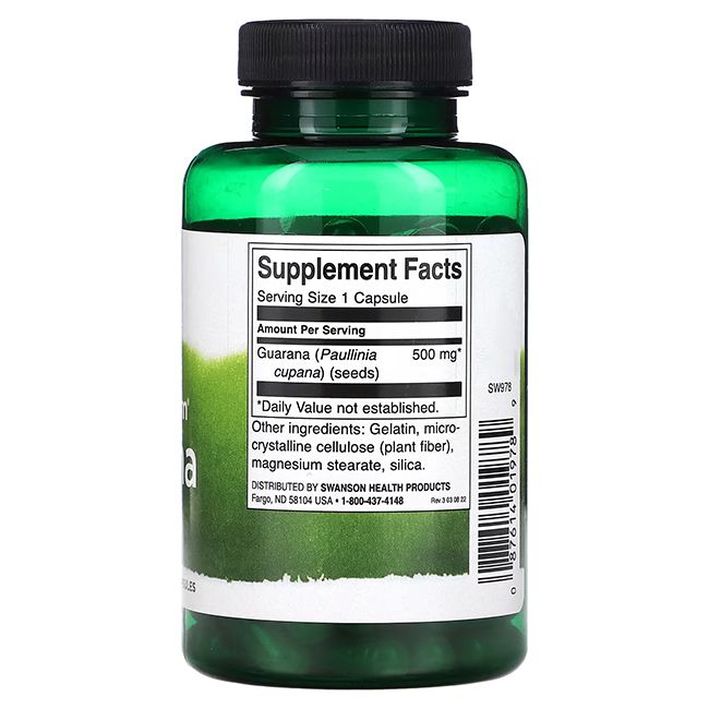 Flacone verde con tappo nero. Retro con "Supplement Facts". Contiene "Guarana (Paullinia cupana) (seeds)".
