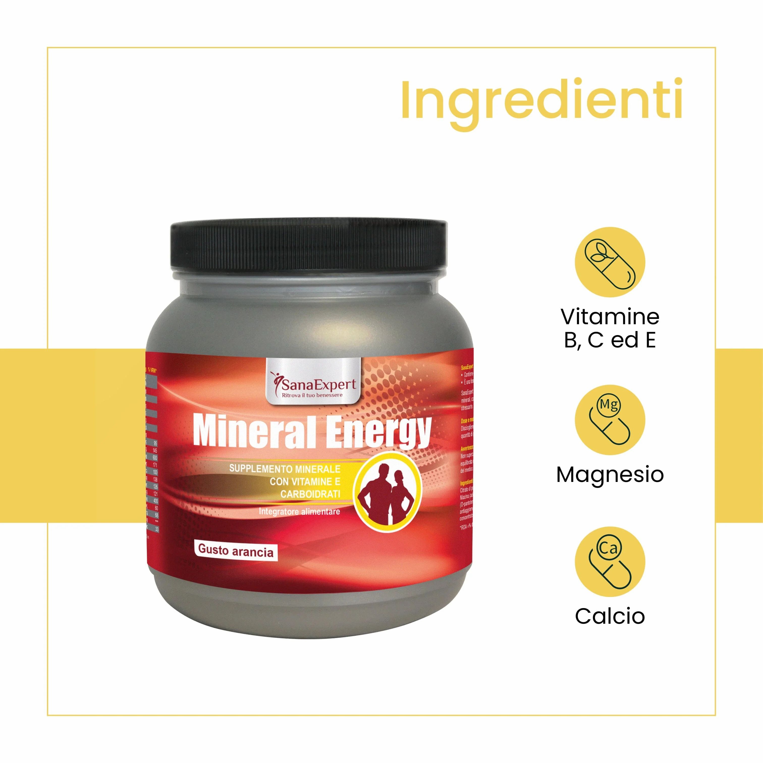 Barattolo grigio "Mineral Energy" con vitamine e minerali. Scritta "Gusto arancia". Icone vitamine, magnesio e calcio.
