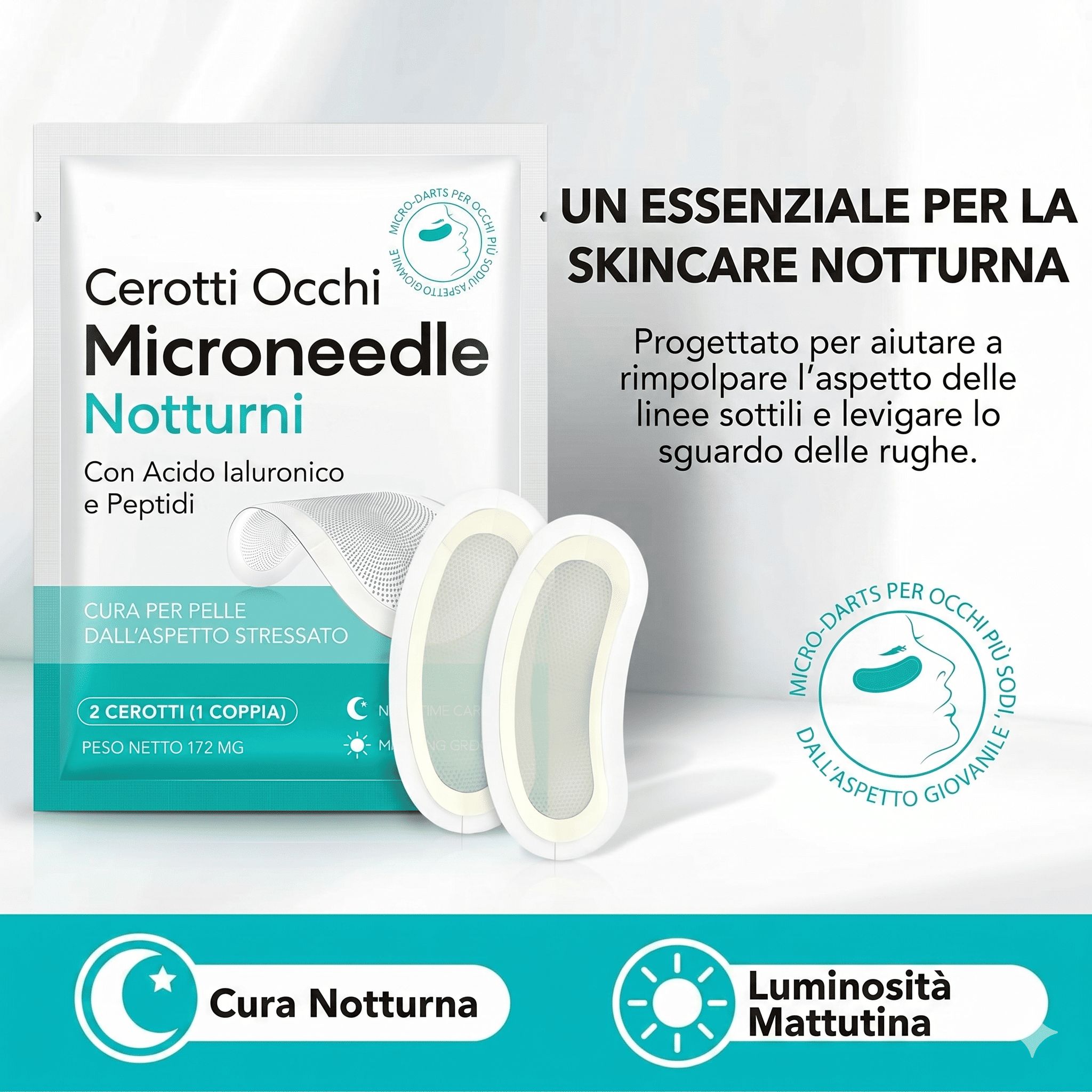 Confezione con due cerotti occhi. Testo: Cerotti Occhi Microneedle Notturni. Con acido ialuronico e peptidi. Cura notturna.