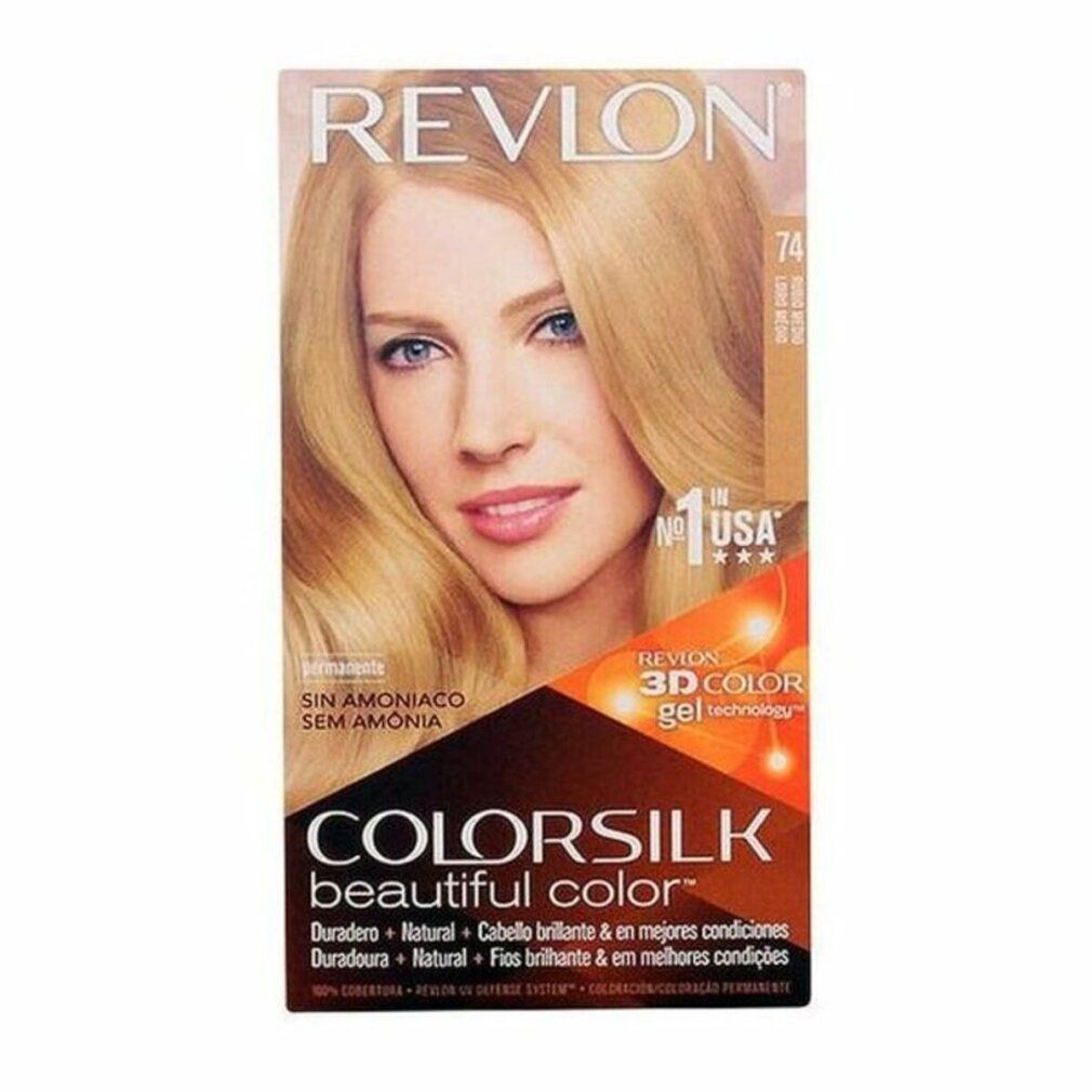 Confezione Revlon Colorsilk 74 Blond Moyen. Donna bionda sulla confezione. Senza ammoniaca, tecnologia 3D Color Gel.