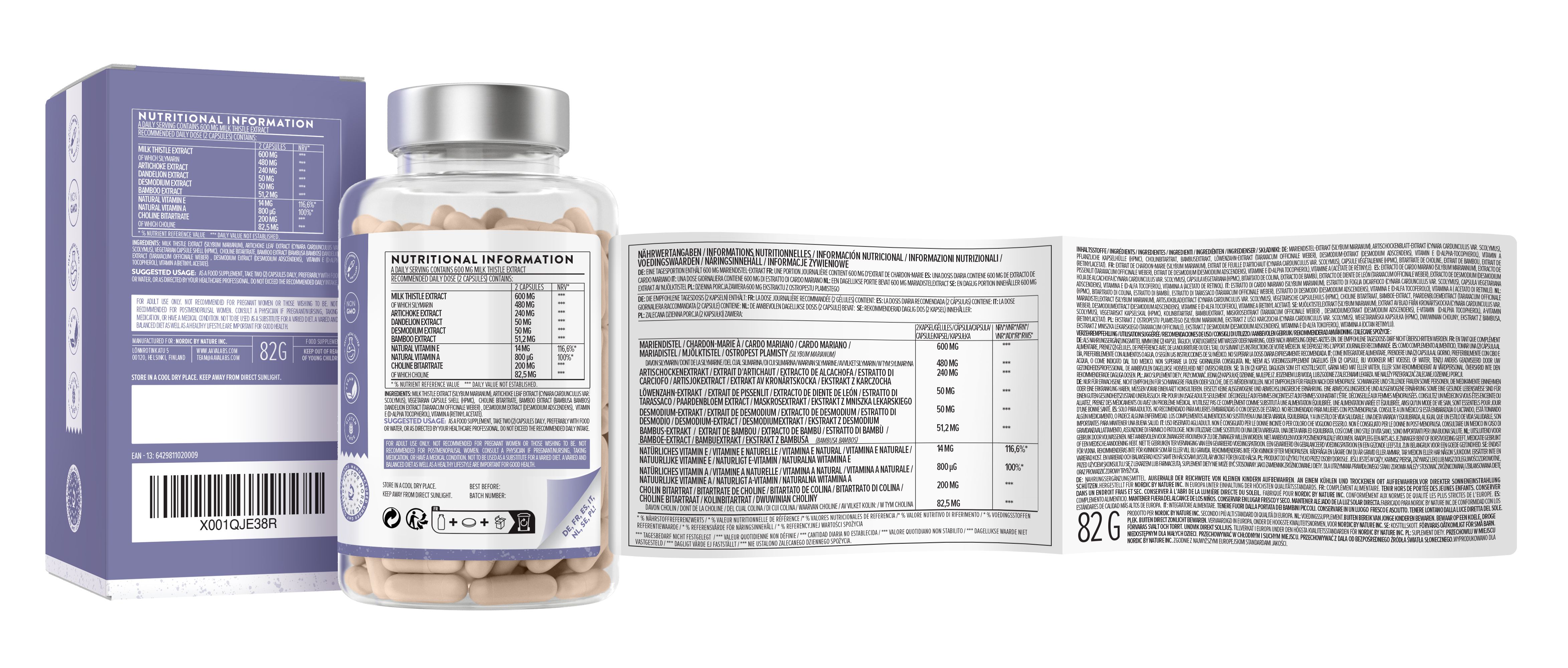 Flacone di capsule e scatola. Informazioni nutrizionali, ingredienti. Logo AAVALABS. 82G.