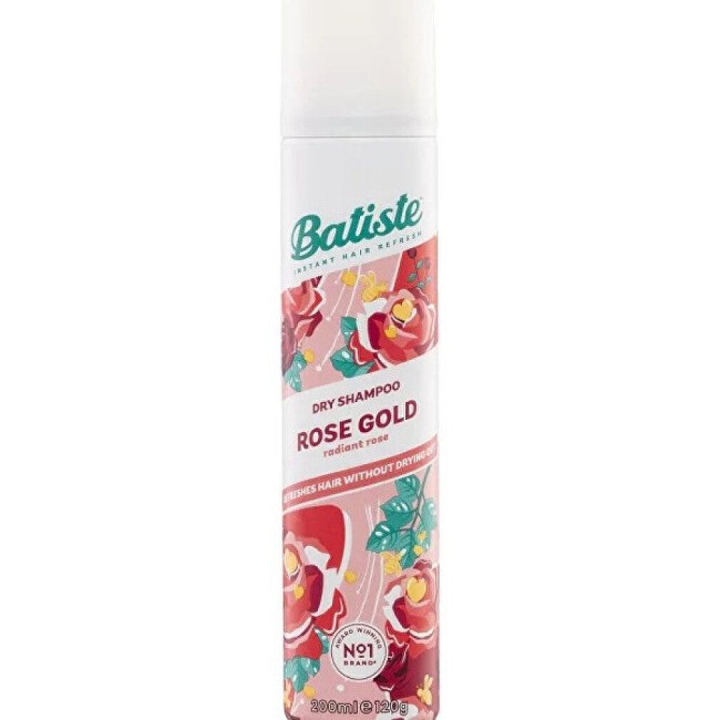 Spray di shampoo secco. Tappo bianco, sfondo rosa-rosso con rose. Scritta: Batiste, Rose Gold.