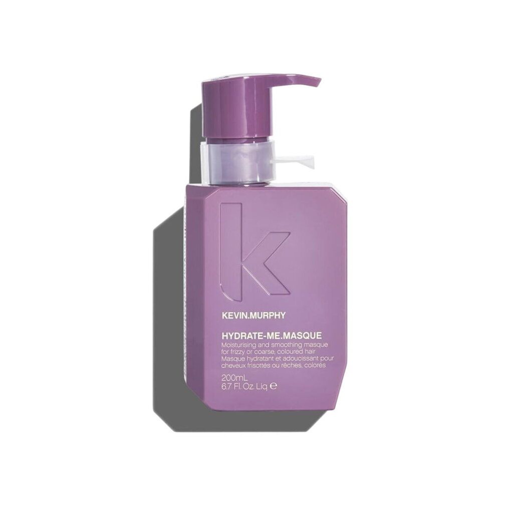 Flacone viola con dosatore. Testo: HYDRATE-ME.MASQUE. 200 ml. Per capelli secchi o colorati.
