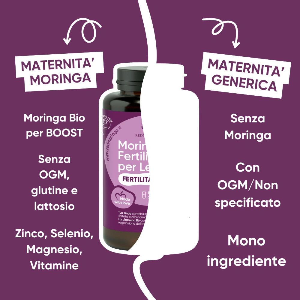 Confronto: Moringa Bio vs. senza Moringa. Con zinco, selenio, magnesio, vitamine. Senza OGM, glutine e lattosio.