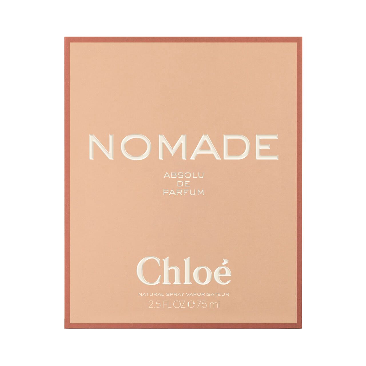 Confezione di profumo. Scritta: Nomade Absolu de Parfum, Chloé. Colore rosa-marrone.