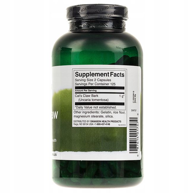 Retro di una bottiglia verde. Etichetta con informazioni nutrizionali: Cat's Claw Bark, 1g, ingredienti, Swanson Health Products.