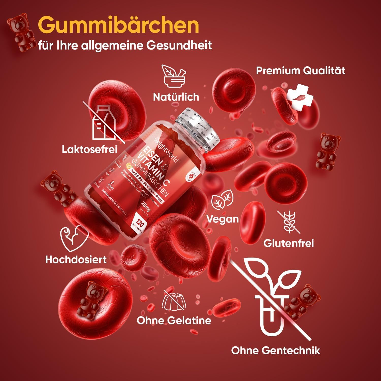 Gommose con ferro e vitamina C. Globuli rossi. Vegano, senza glutine, senza gelatina, senza OGM.