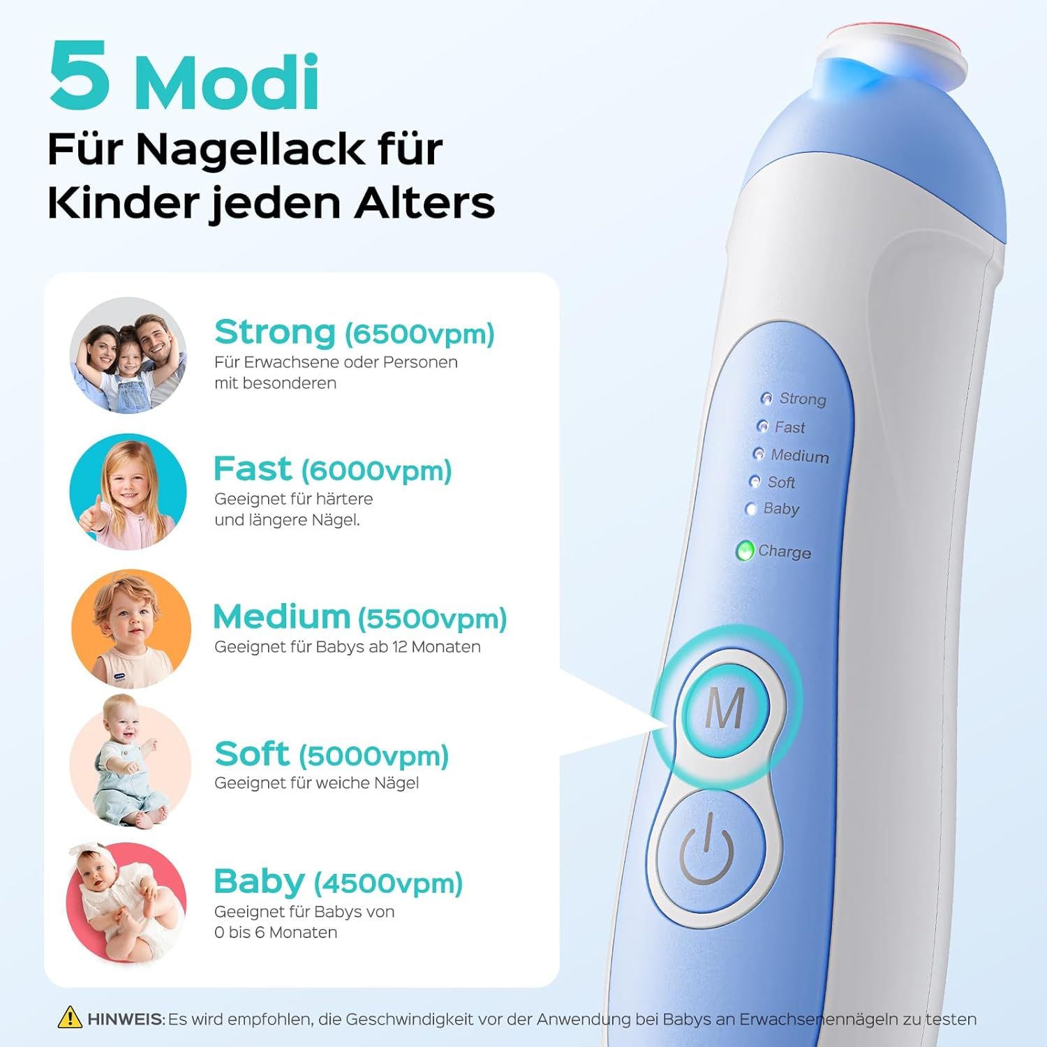 Lima per unghie elettrica, blu e bianca. 5 modalità: Strong, Fast, Medium, Soft, Baby. Pulsante modalità. Per bambini di tutte le età.