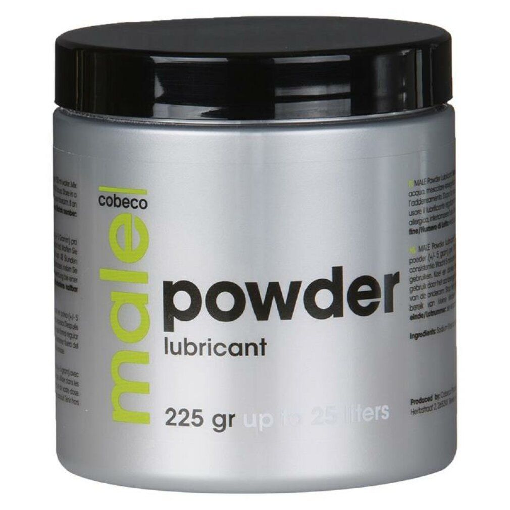 Lubrificante Cobeco Male Powder in barattolo argentato con coperchio nero. 225g.