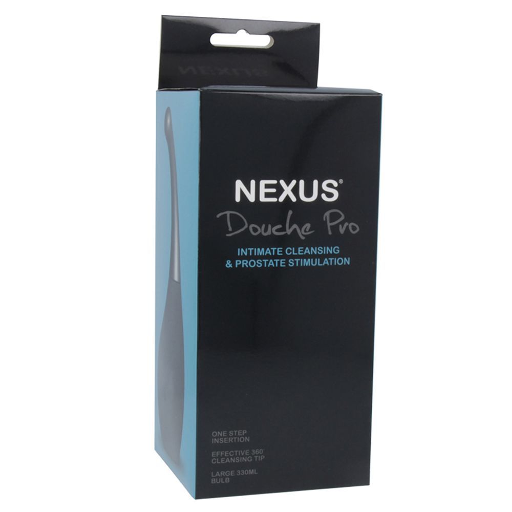 Confezione nera con accento blu. Scritta: NEXUS Douche Pro, Intimate Cleansing & Prostate Stimulation.