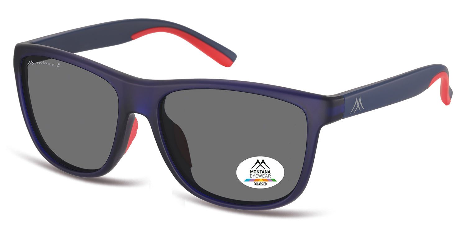 Occhiali da sole blu con lenti grigie. Dettagli rossi sulle aste. Logo Montana Eyewear. Lenti polarizzate.