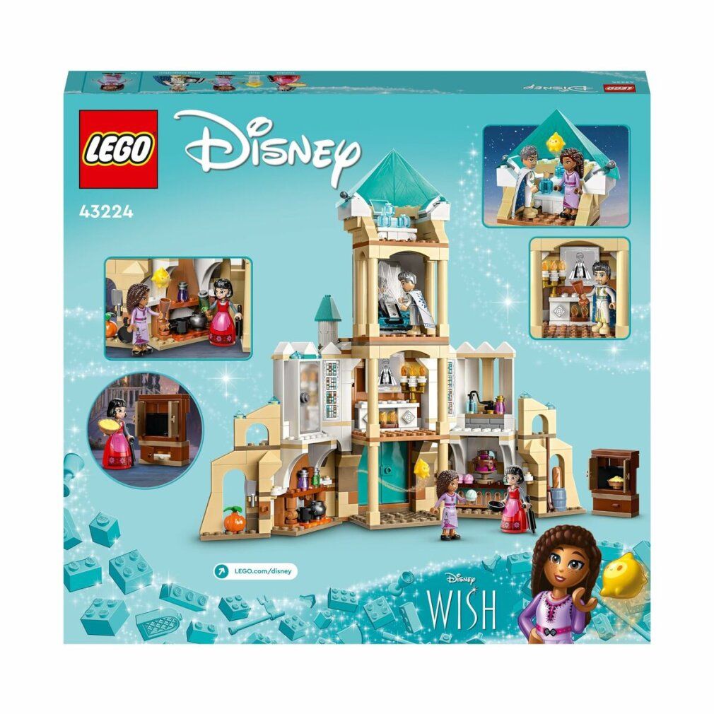 LEGO Disney Wish 43224 Castello. Retro della confezione. Castello con personaggi e viste interne. Logo e personaggi.
