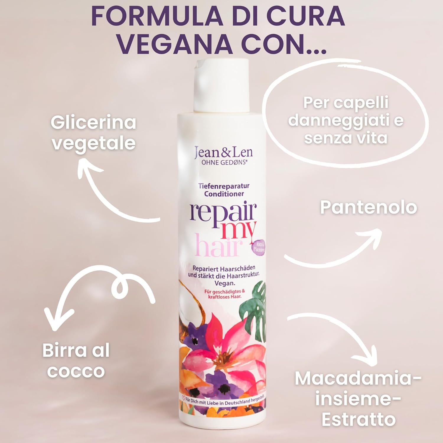 Flacone di balsamo. Testo: Formula vegana con... Olio di cocco, glicerina vegetale, pantenolo, estratto di macadamia.