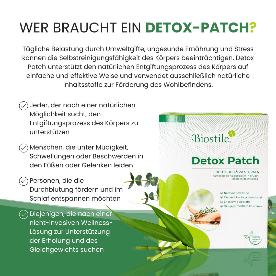 Confezione Biostile Detox Patch vicino a bambù ed erbe, testo sulle aree di applicazione.