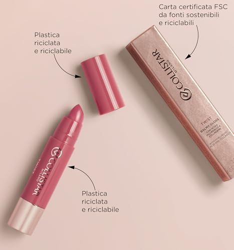 Rossetto aperto e confezione. Rossetto rosa, base dorata. Confezione con scritta: Collistar, Twist Balmy Gloss.