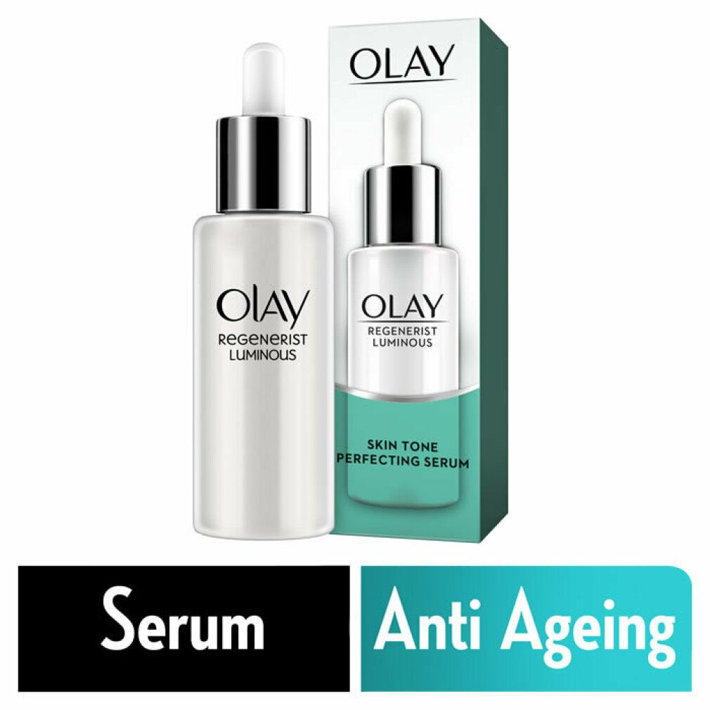 Siero Olay Regenerist Luminoso. Flacone con pipetta e confezione. Testo: Skin Tone Perfecting Serum, Anti-Ageing.
