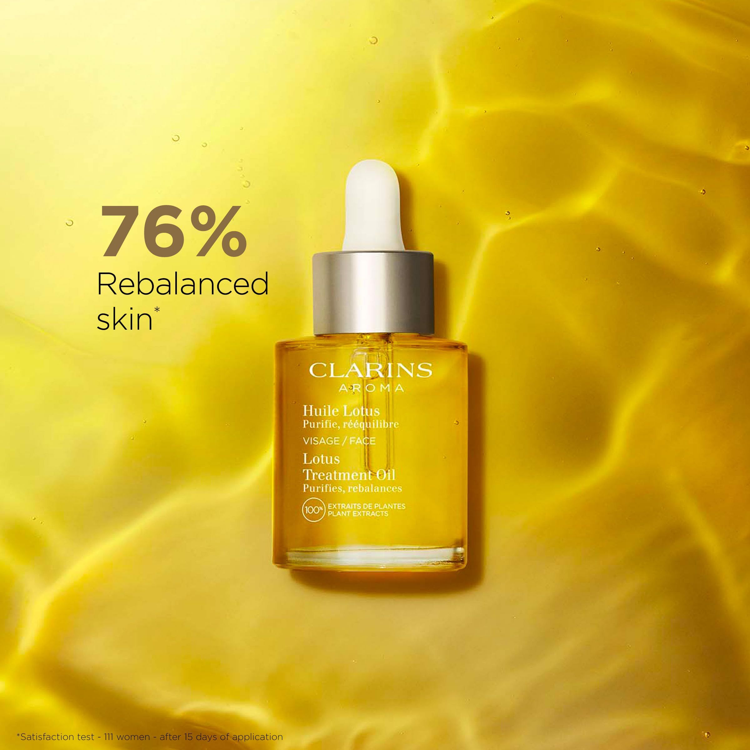 Clarins Aroma Huile Lotus. Olio per il viso con contagocce. Olio dorato su sfondo giallo. Testo: 76% pelle riequilibrata.