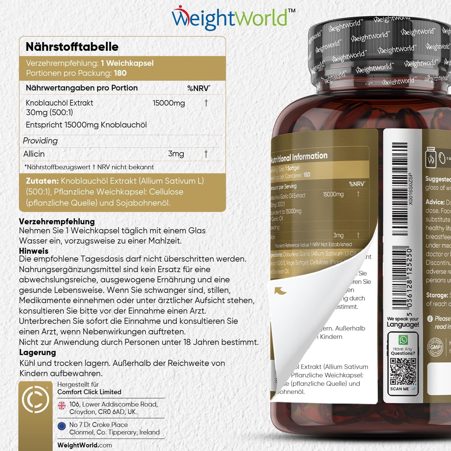Tabella nutrizionale e informazioni su WeightWorld Knoblauchöl Kapseln. Testo: 1 capsula al giorno con un bicchiere d'acqua.