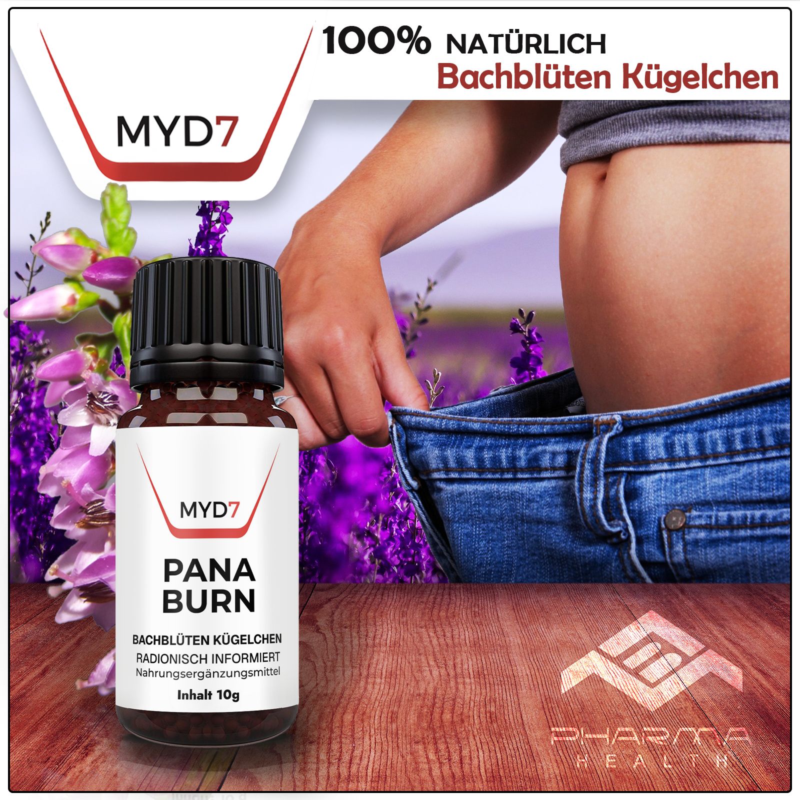 Flacone "MYD7", "PANA BURN". Persona in jeans larghi. Testo: "100% naturali globuli di fiori di Bach".