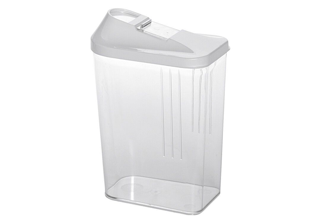 Contenitore trasparente con coperchio bianco. Coperchio con chiusura a scatto. Strisce verticali sul lato.