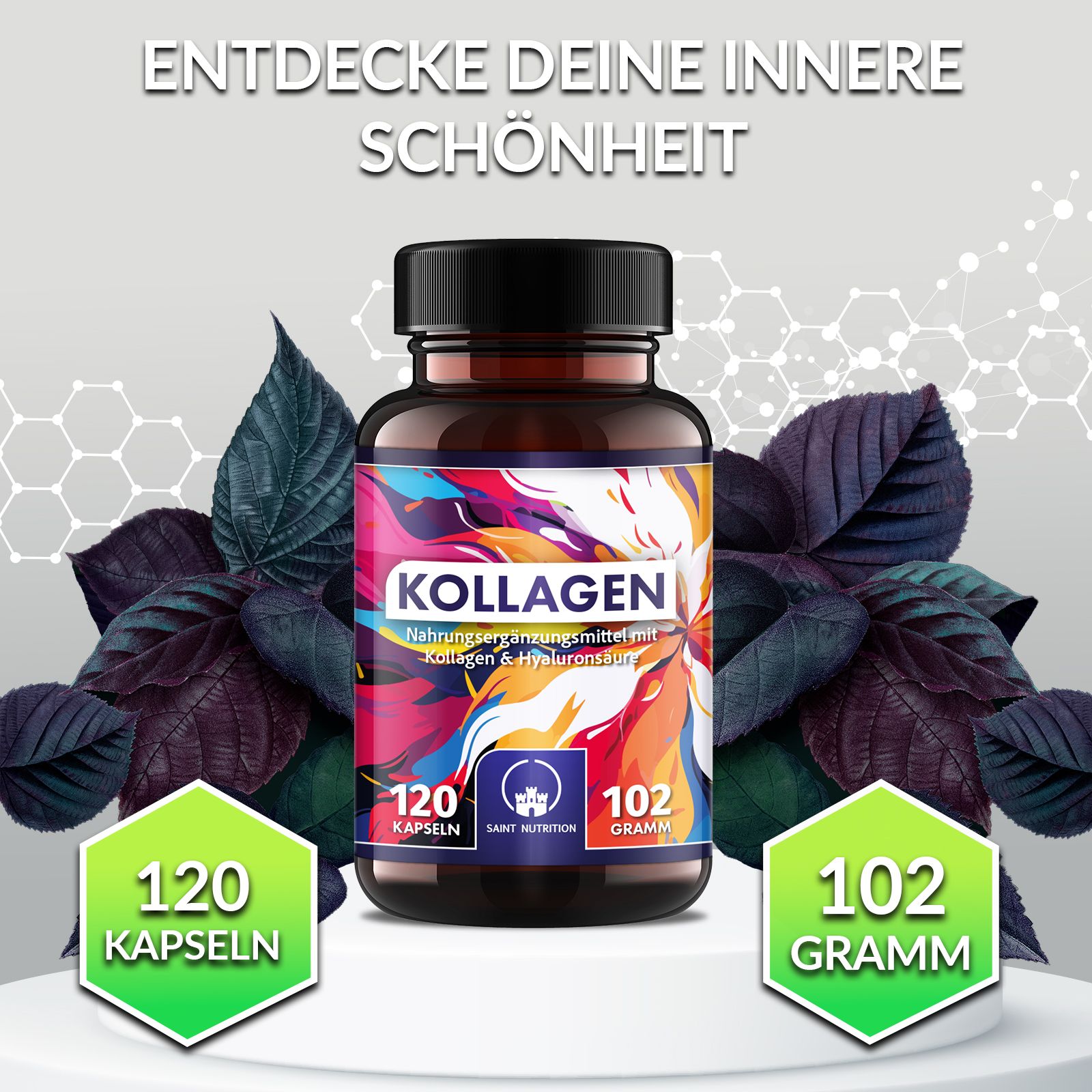 Flacone marrone con capsule. Scritta: Collagene. 120 capsule, 102 grammi. Su piedistallo bianco con foglie. Testo: Scopri la tua bellezza interiore.