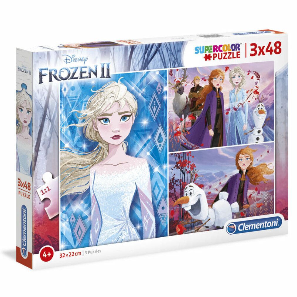 Scatola puzzle Frozen 2. Contiene 3 puzzle da 48 pezzi ciascuno. Marchio Clementoni. Età consigliata: 4+. Dimensioni: 32x22cm.