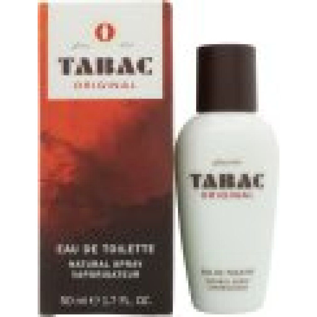 Tabac Original Eau de Toilette. Flacone bianco con tappo marrone e confezione. Testo: Tabac Original, Eau de Toilette.
